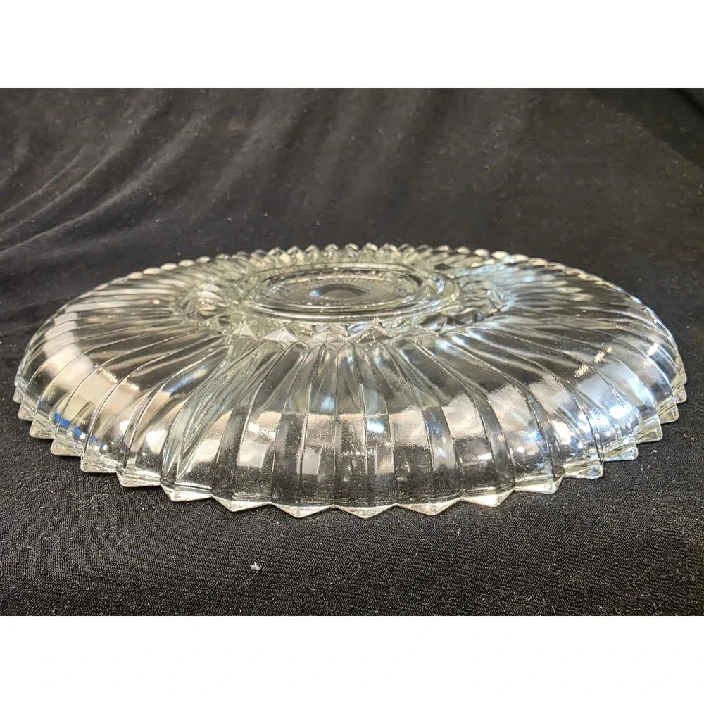 Vintage Clear‎ Pressed Glass Divided Relish Tray 11 Inch Sunburst Sawtooth Edge